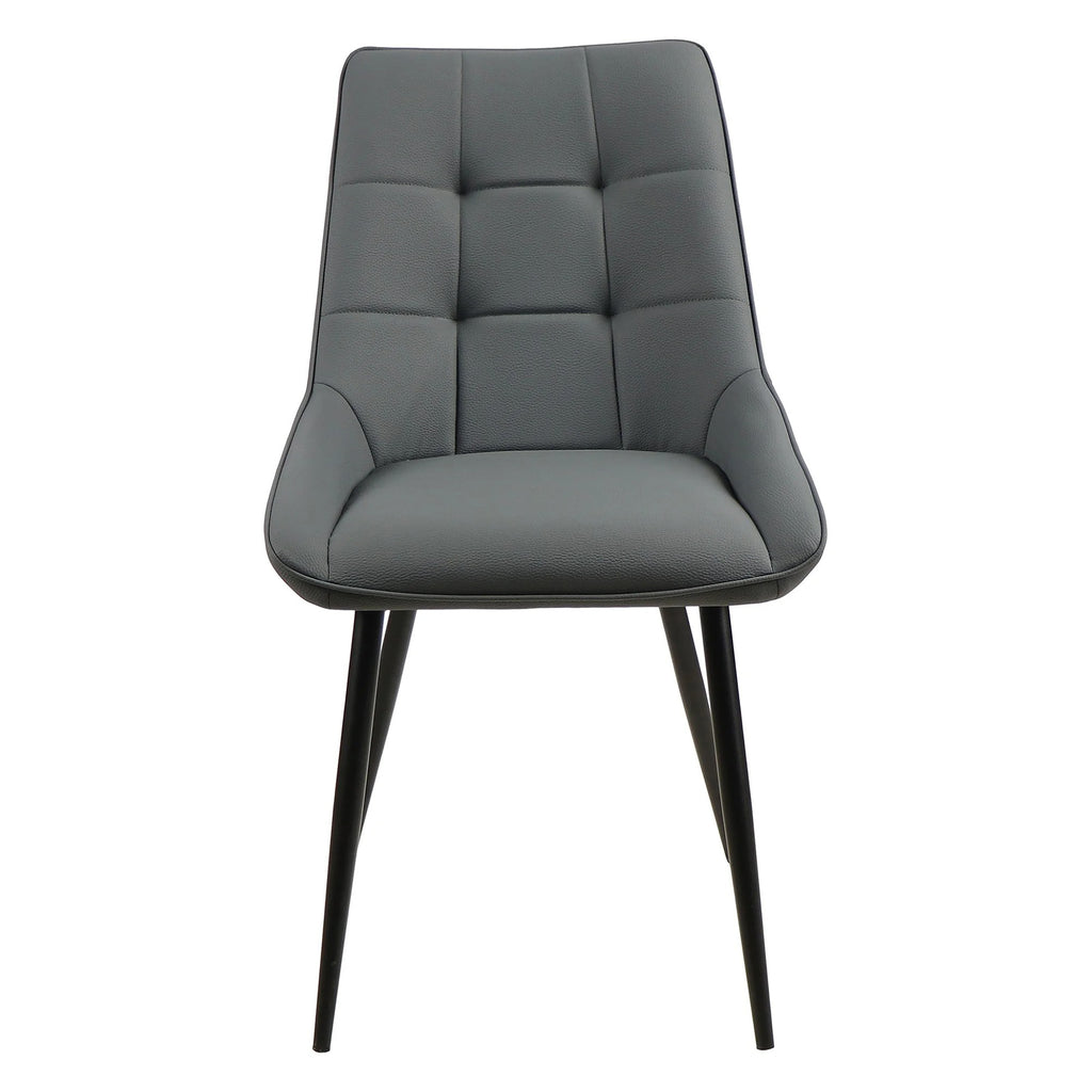 Gray upholstered chair with black legs on a white background