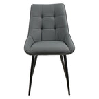 Gray upholstered chair with black legs on a white background