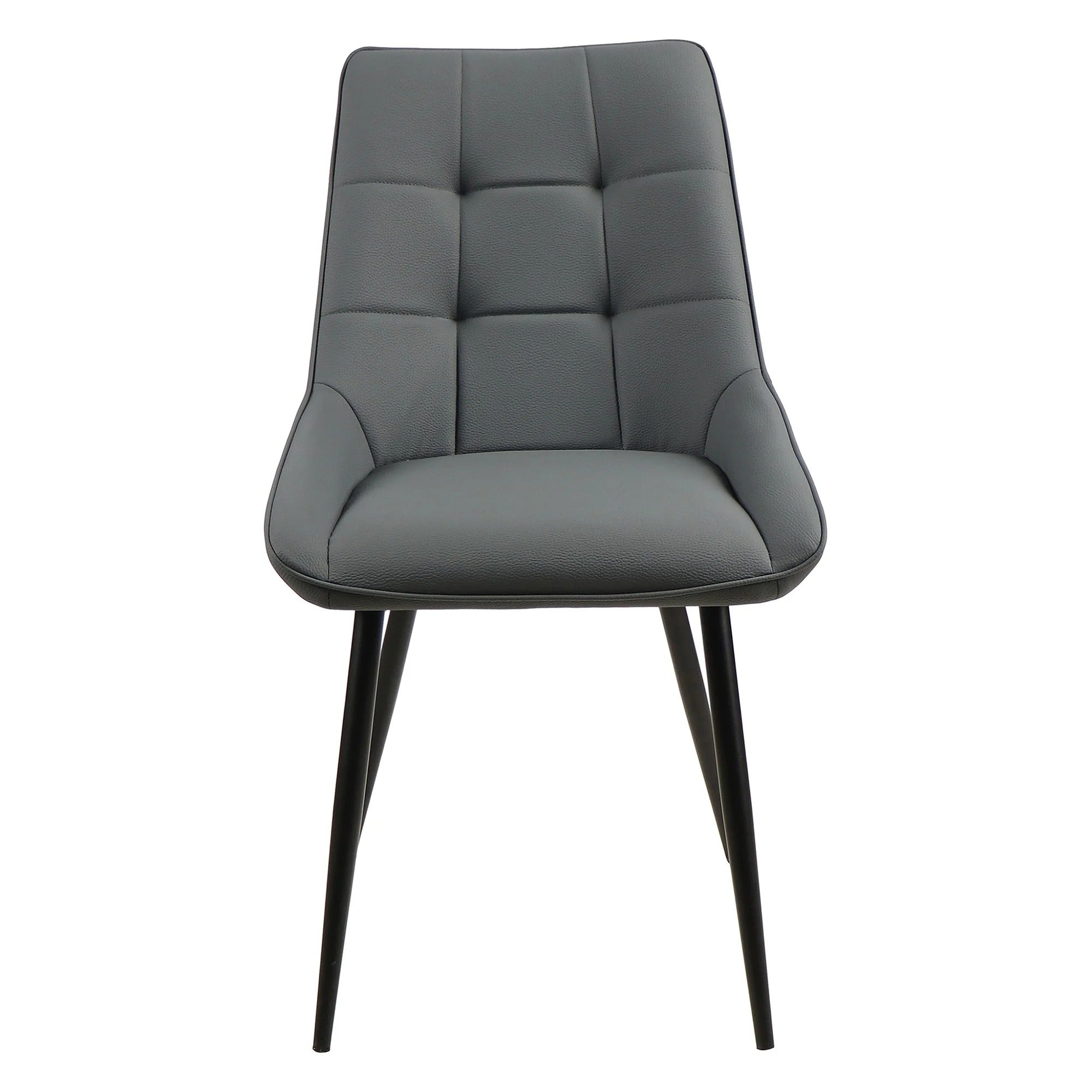 Gray upholstered chair with black legs on a white background