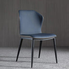 Blue chair with black legs on a gray carpet and wooden floor.