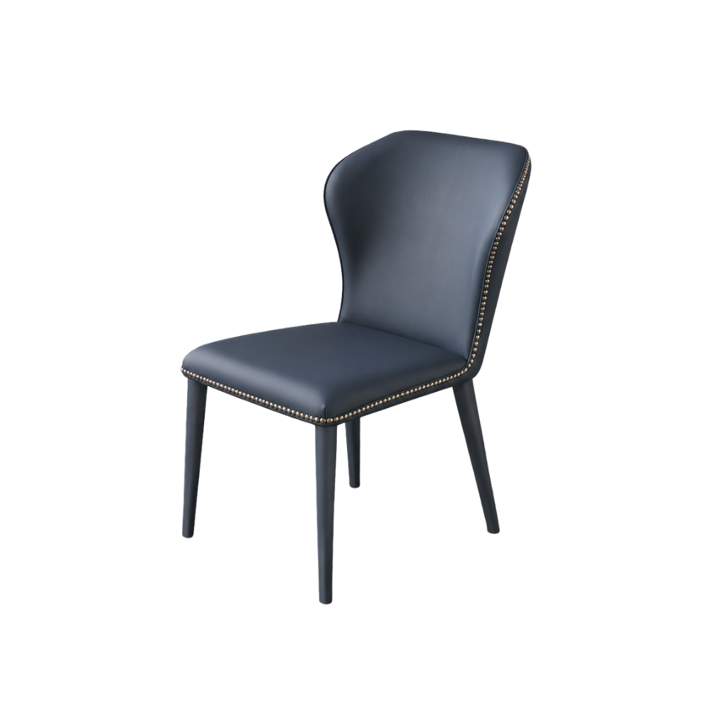 Blue chair with nailhead trim on a white background