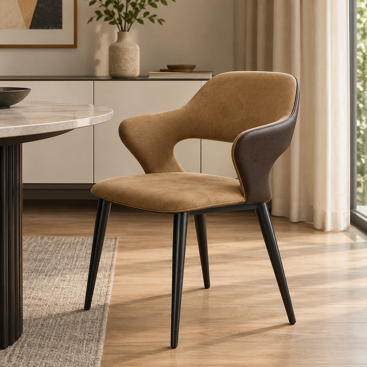 A modern dining chair with a curved tan upholstered seat and back, dark brown side panels, and tapered black metal legs, shown in a styled dining room setting.