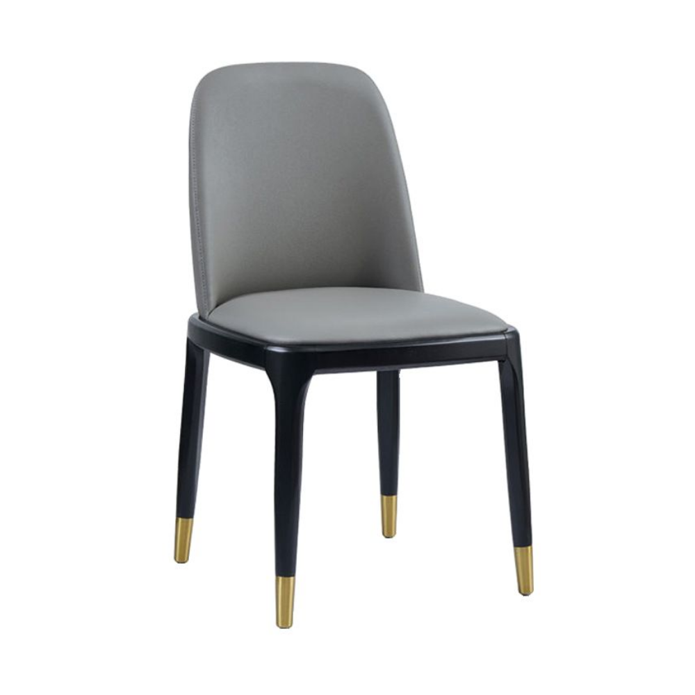 Gray chair with black frame and gold legs on a white background
