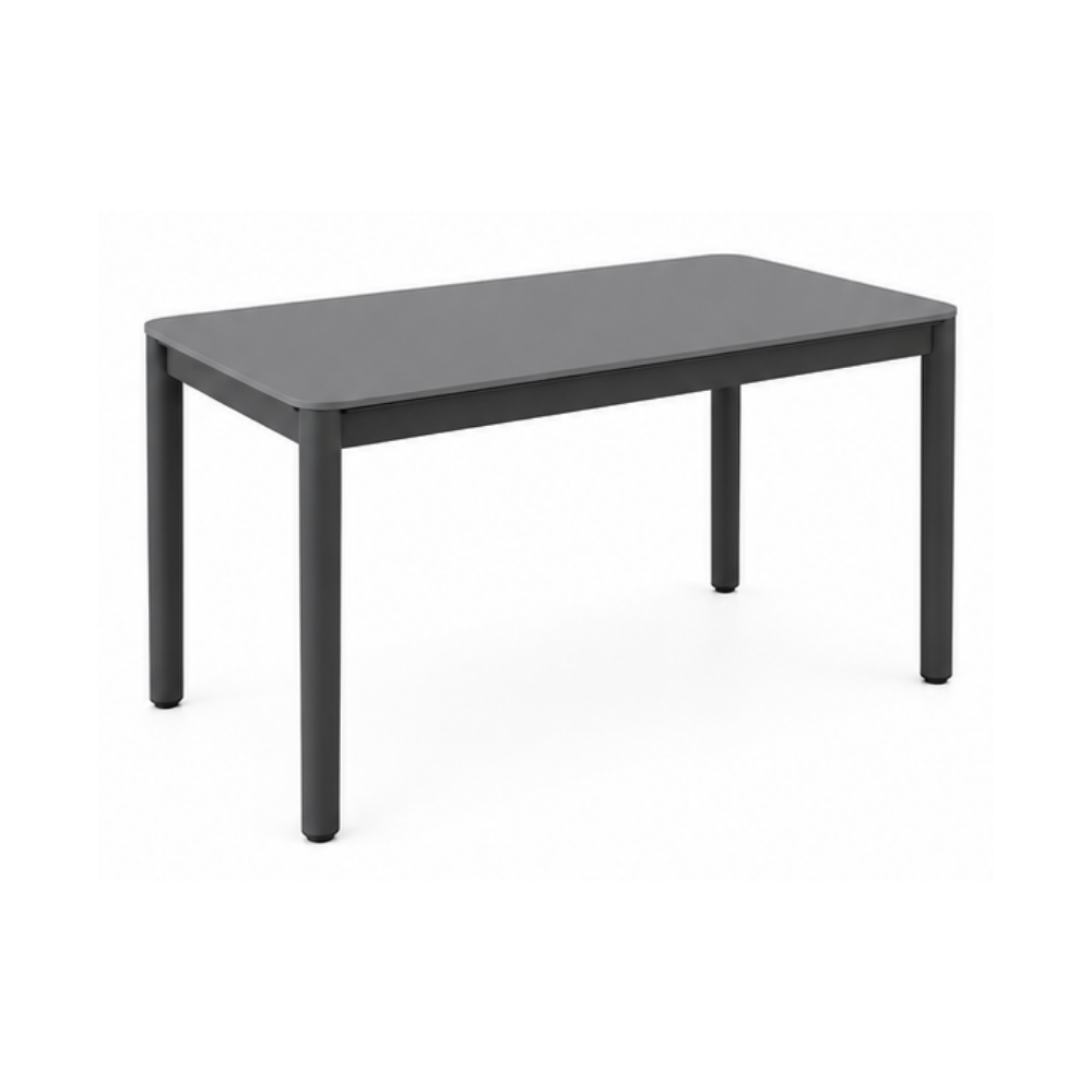 Dining table with white marble top and dark wood legs on a white background