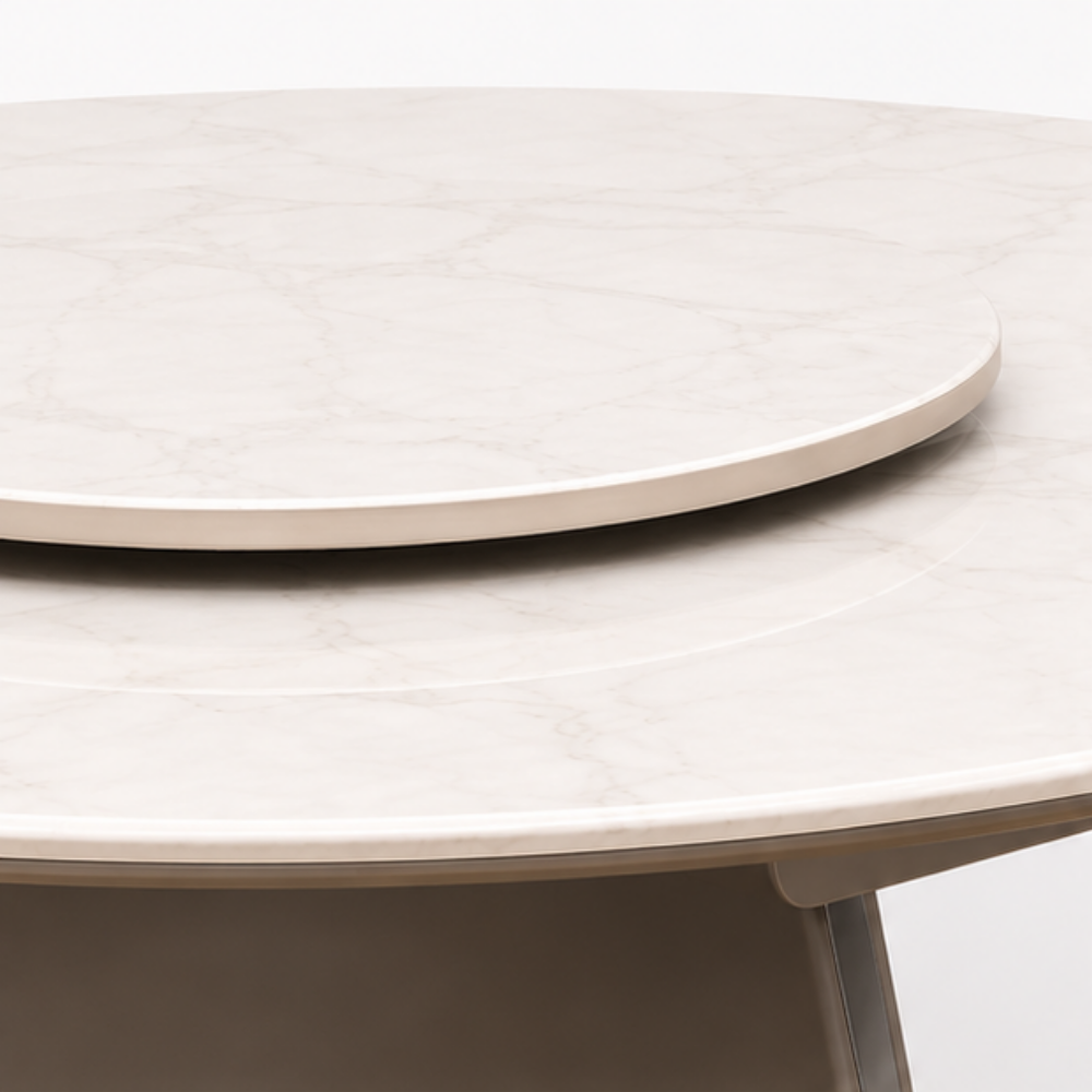 Round beige table with a white marble-like top on a light gray background