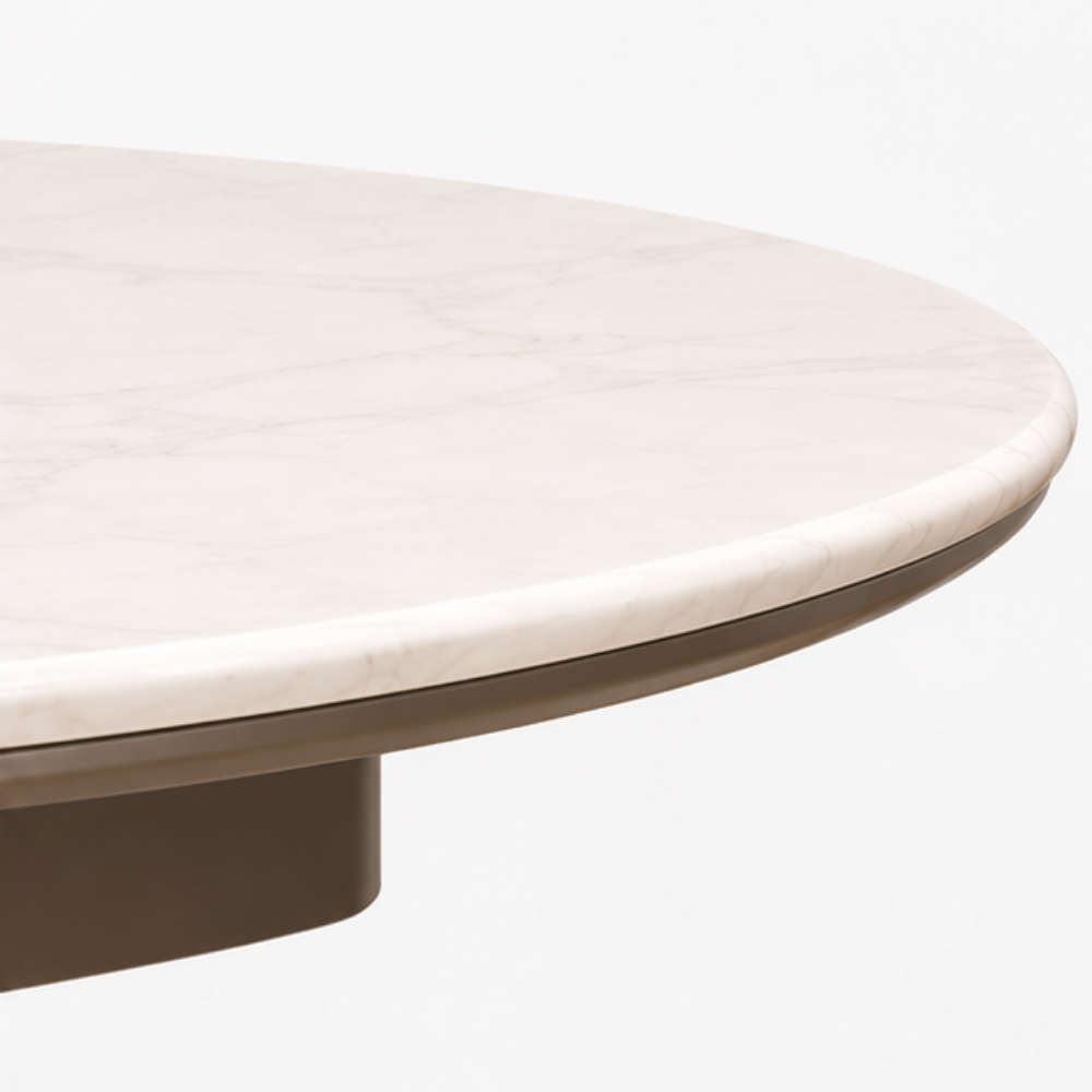 Round marble table with a white surface and brown base on a white background