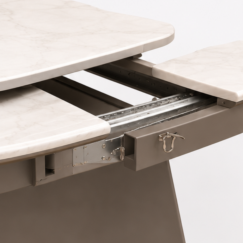Gray desk with a pull-out drawer and two additional work surfaces.