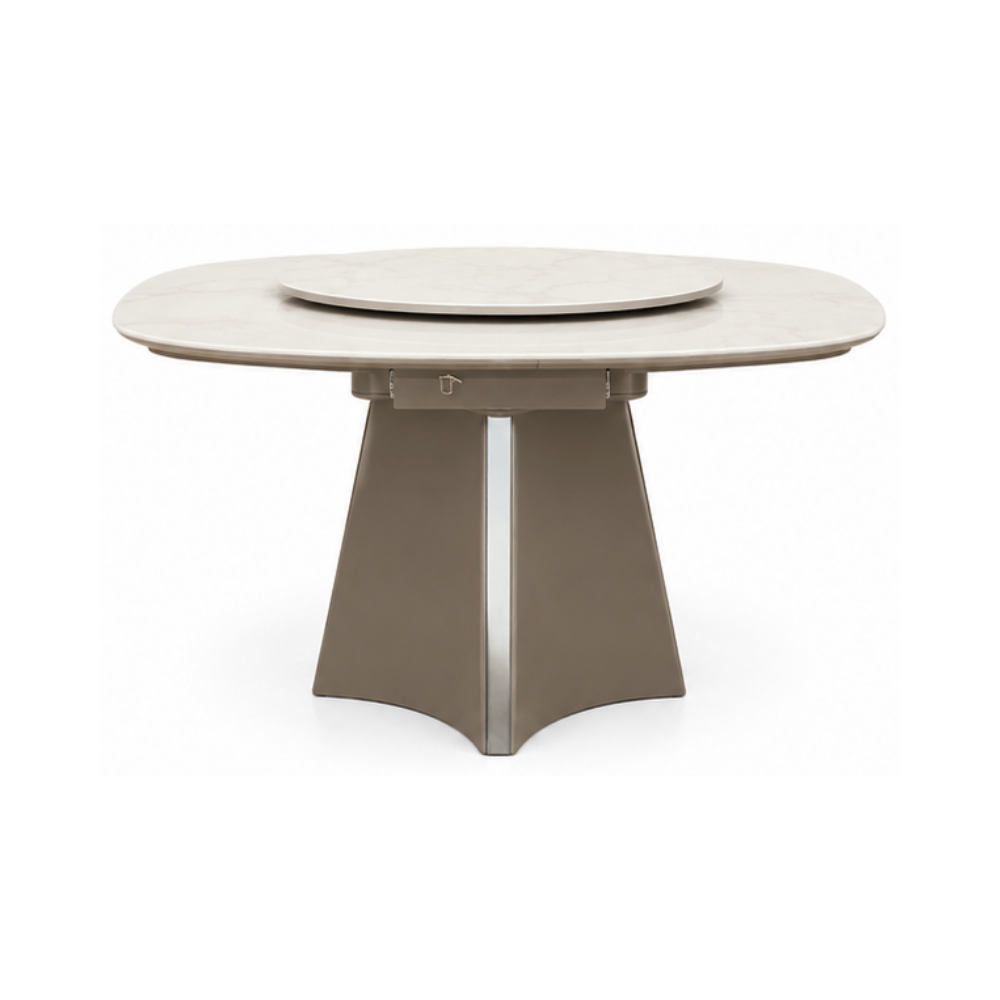 Round outdoor dining table with a beige top and base on a white background