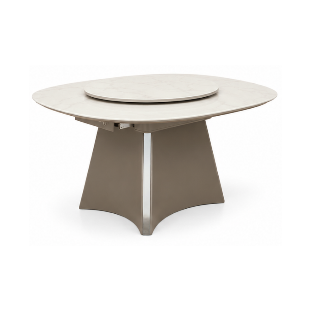 Round beige dining table with a star-shaped base on a white background