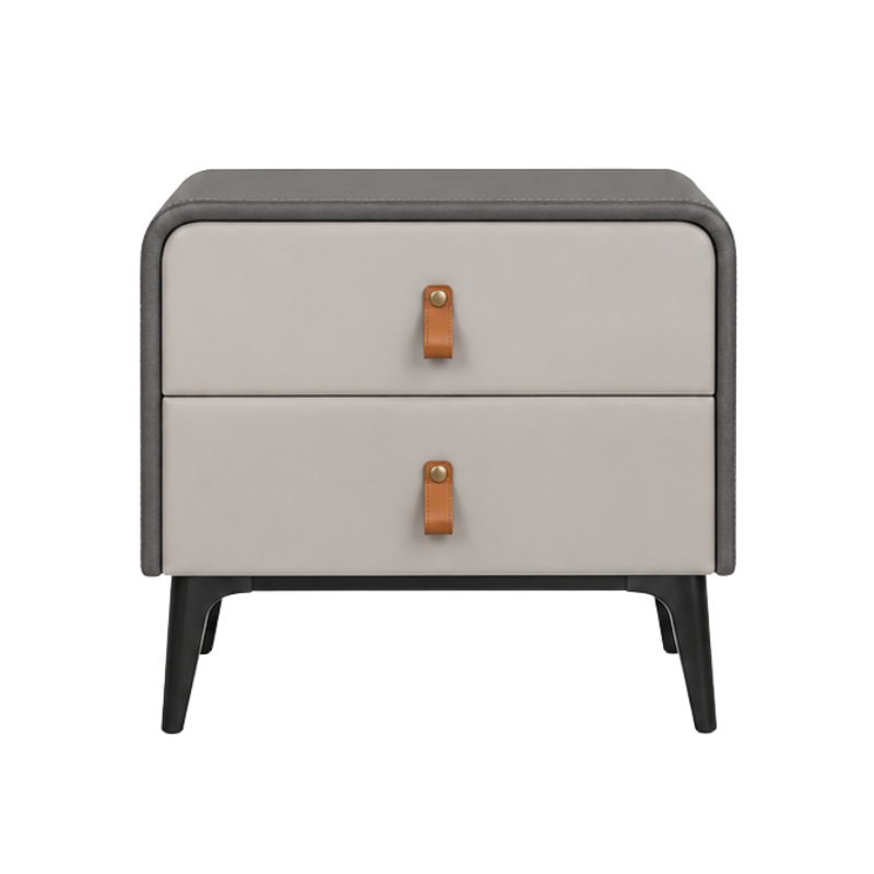 A two-drawer nightstand with a light beige leather front, dark gray faux-leather sides and top, and black legs, featuring small brown leather pull tabs.