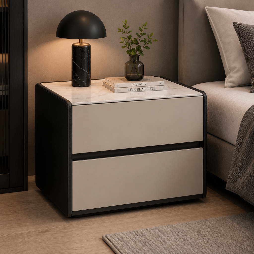 A modern two-drawer nightstand with a cream-colored front and black frame, styled in a bedroom next to a bed with a black table lamp and a small plant on top.