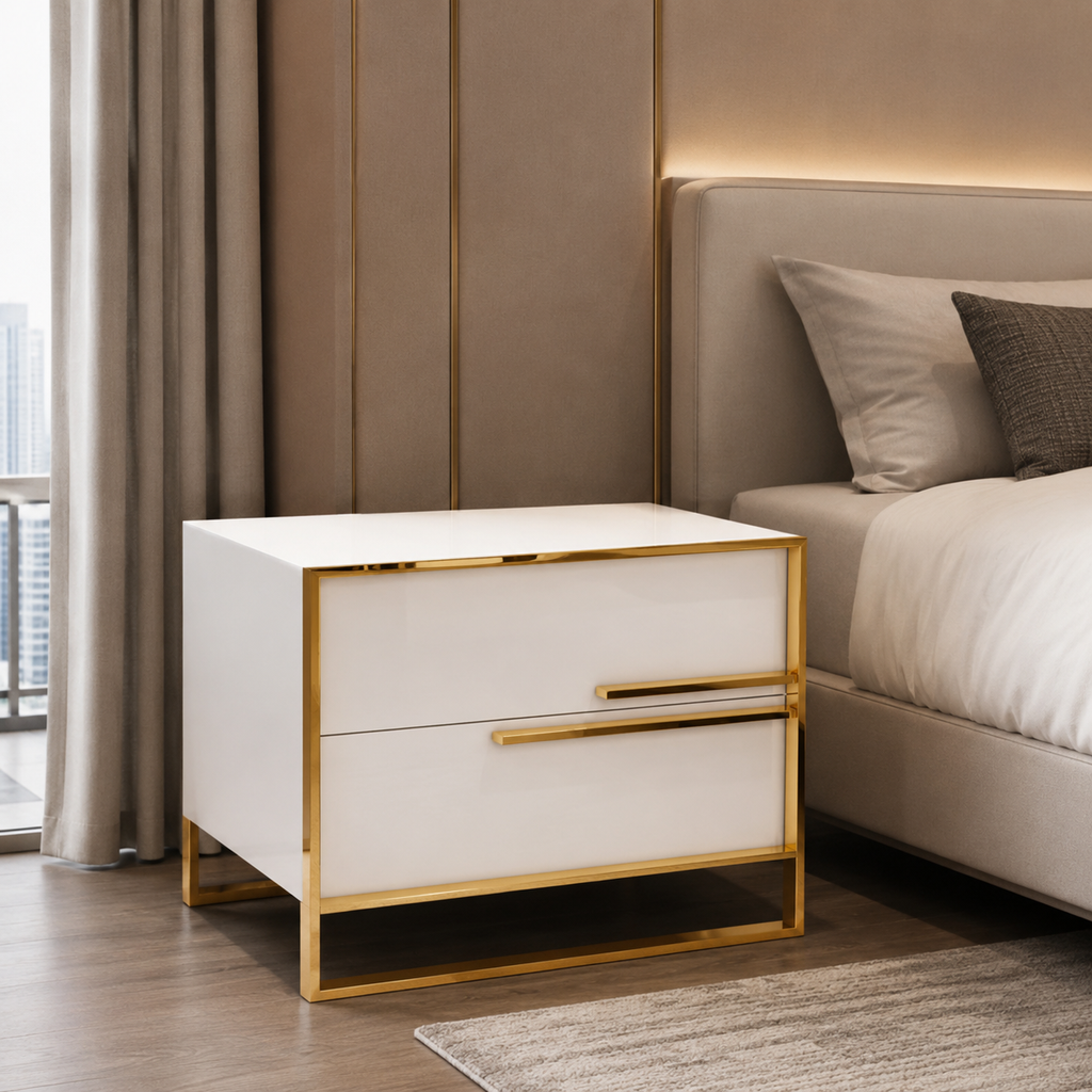 A modern two-drawer nightstand with a glossy white finish and polished gold metal frame, positioned next to a bed in a contemporary bedroom setting.