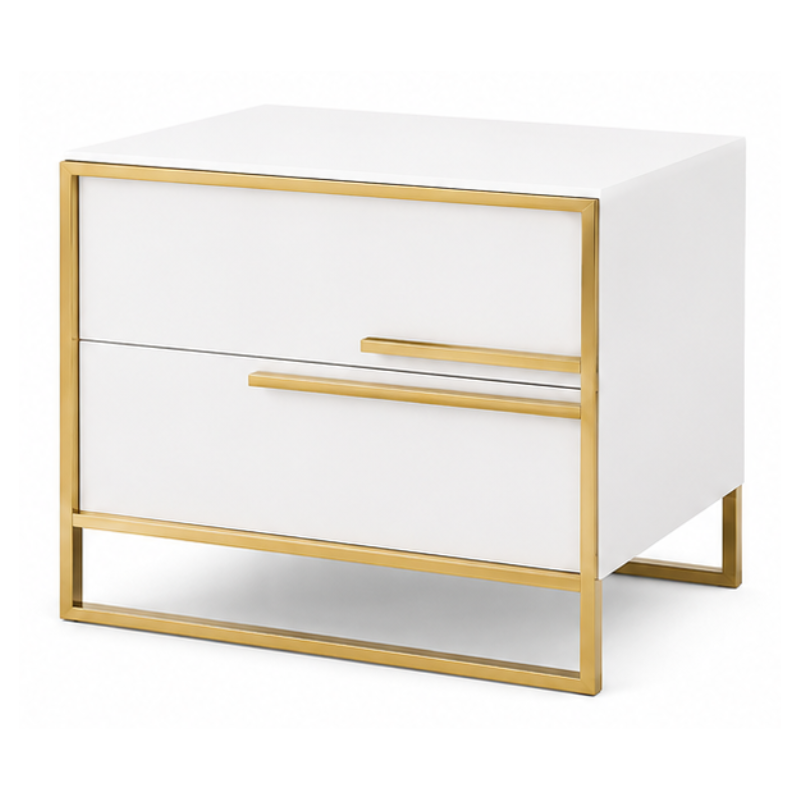A modern two-drawer nightstand with a glossy white finish and a gold metal frame, featuring slim gold drawer pulls, shown on a plain white background.