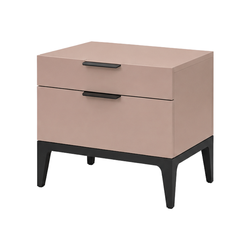 A modern two-drawer nightstand with a dusty pink faux leather finish, black metal drawer pulls, and black tapered legs, shown on a plain white background.
