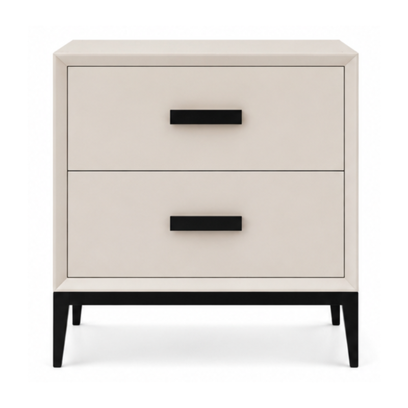 A two-drawer nightstand with a light beige wood-grain finish, black rectangular drawer pulls, and black legs, shown against a plain white background.