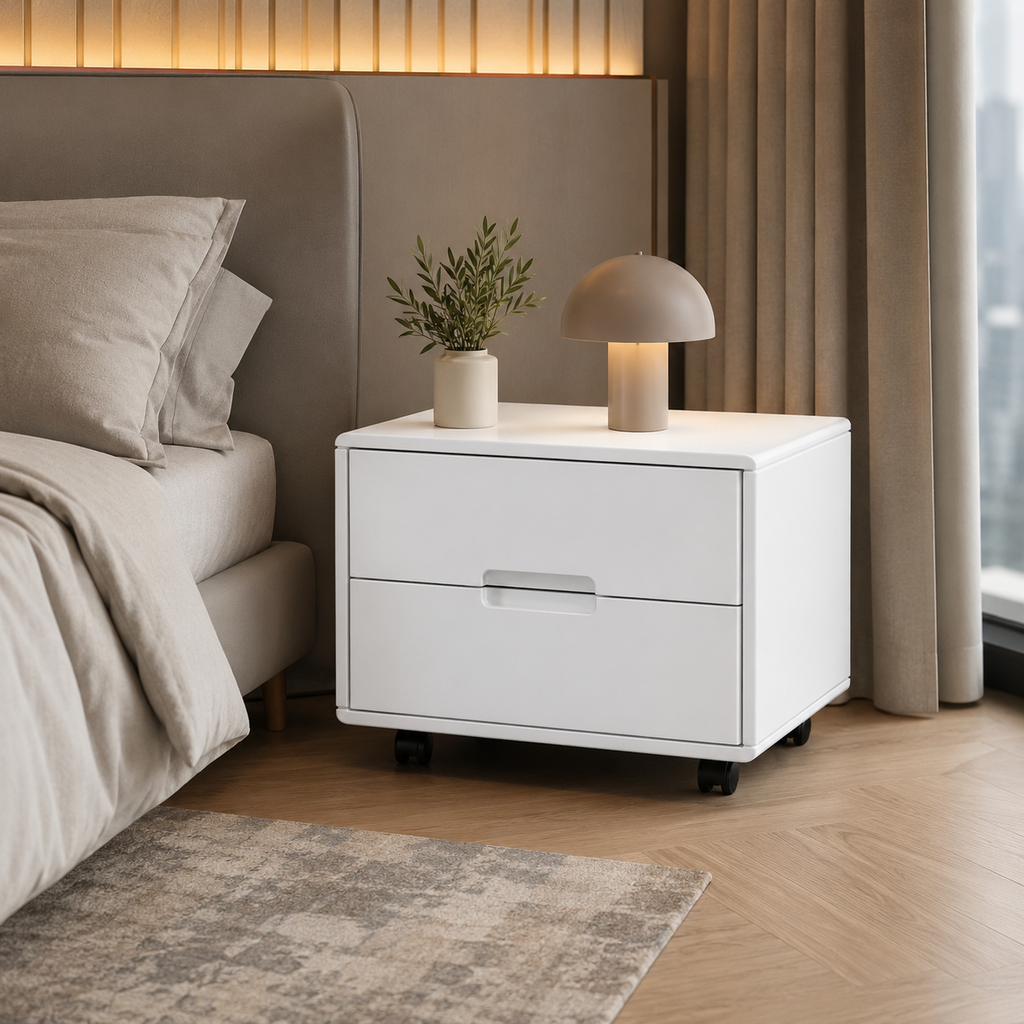A modern white two-drawer nightstand with black caster wheels, styled in a bedroom next to a bed with beige bedding, a small potted plant, and a dome-shaped table lamp.