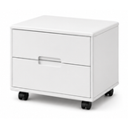 A white two-drawer rolling office organizer with black casters and a recessed pull handle, shown on a clean white background.
