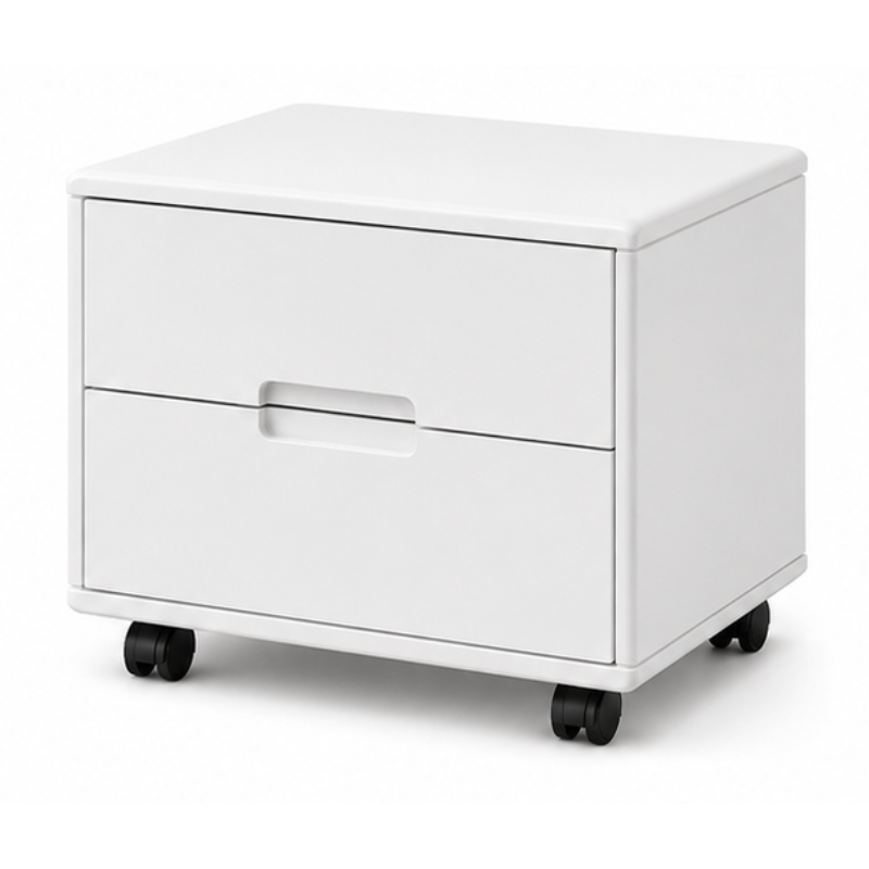 A white two-drawer rolling office organizer with black casters and a recessed pull handle, shown on a clean white background.