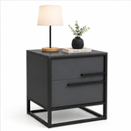 A modern two-drawer nightstand with a matte dark gray finish and black metal frame, styled with a table lamp and a small potted plant on top, set against a plain white background.