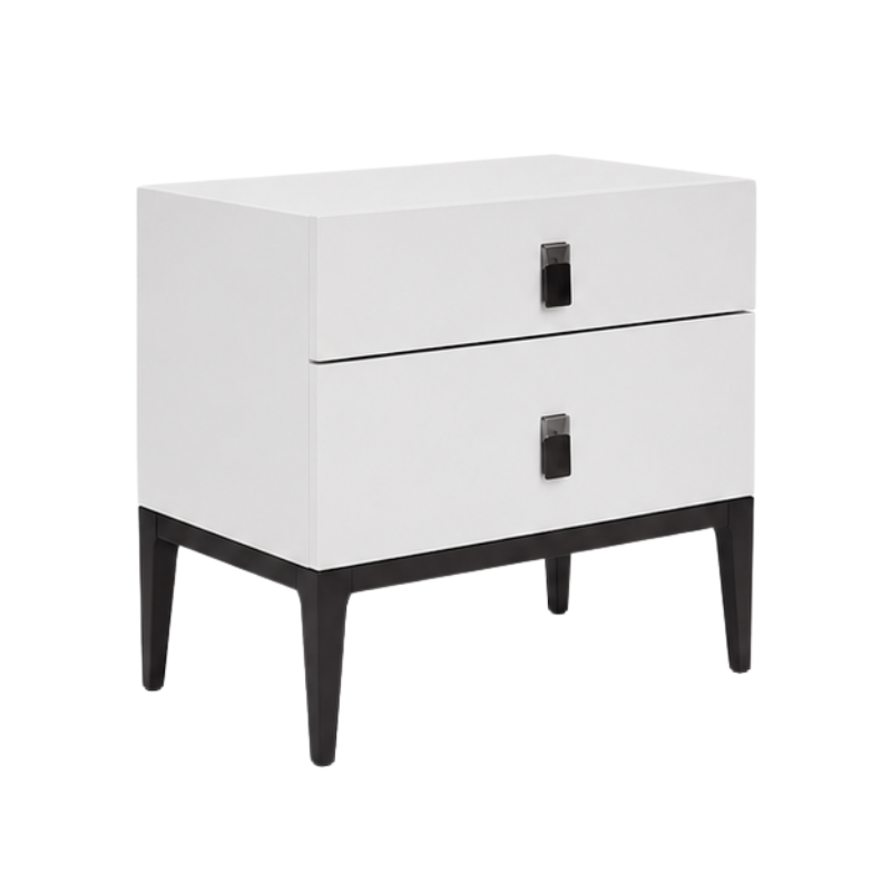 A modern two-drawer nightstand with a white high-gloss finish, black legs, and minimalist black drawer pulls, shown on a solid white background.