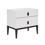 A modern two-drawer nightstand with a white high-gloss finish, black legs, and minimalist black drawer pulls, shown on a solid white background.