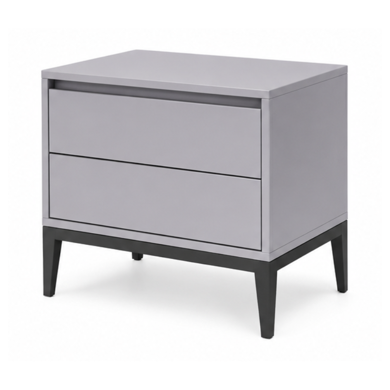 A modern two-drawer nightstand with a light gray wood-grain finish and dark charcoal legs, shown on a plain white background.