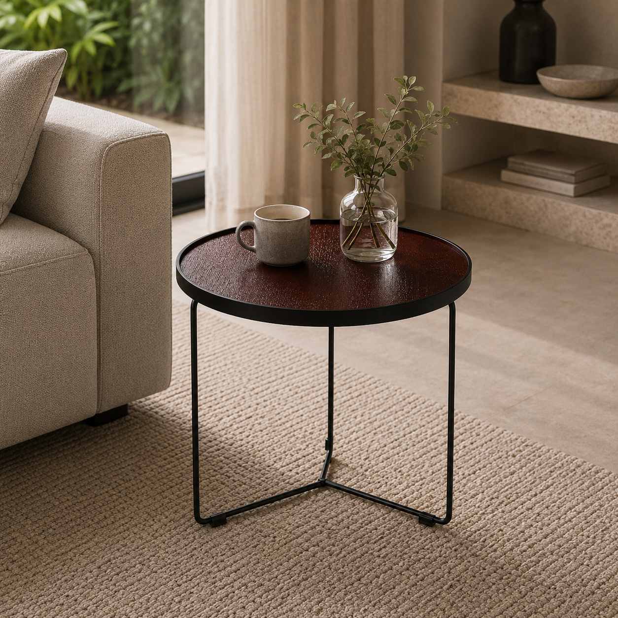 Small round wooden table with a mug and vase in a living room setting