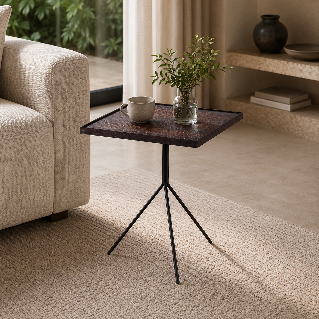 Small side table with a cup and plant in a living room setting
