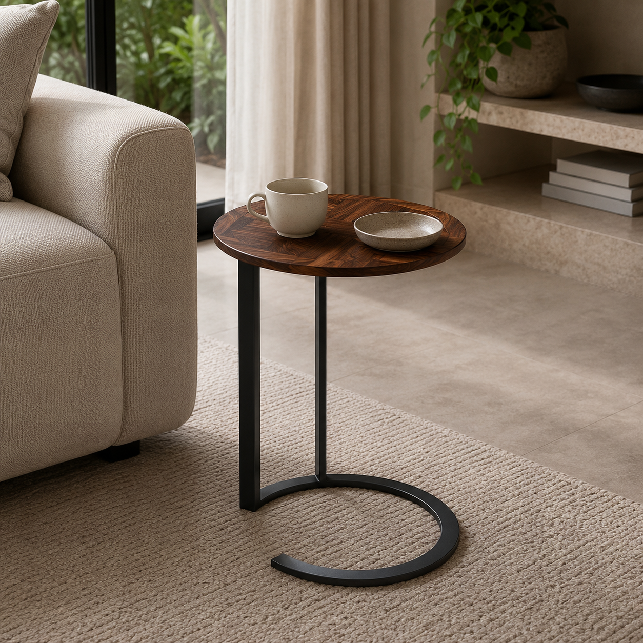 Small round wooden side table with a black metal base in a living room setting.