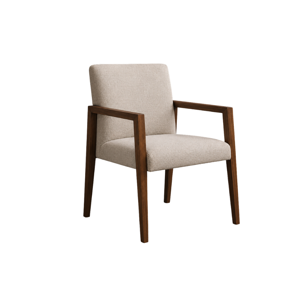Beige armchair with wooden frame on a white background