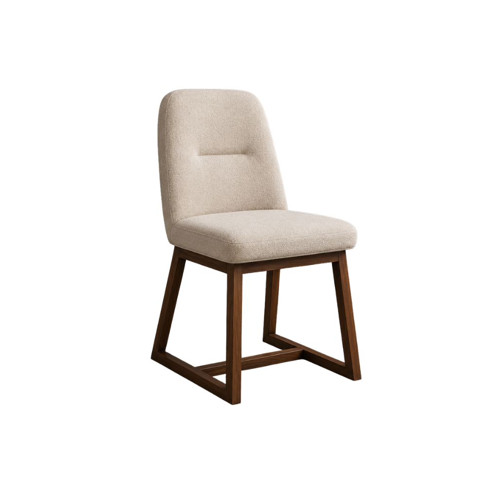 Beige upholstered chair with wooden legs on a white background