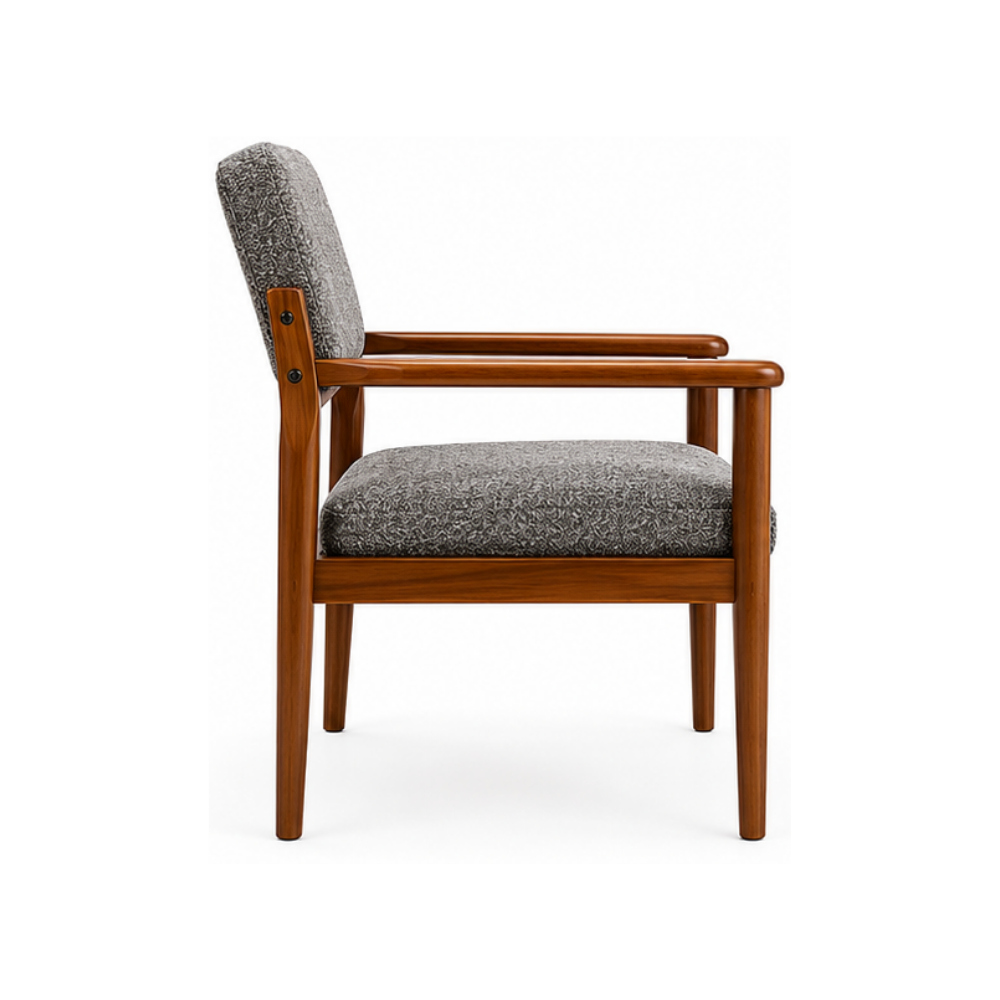 Chair with wooden frame and gray cushion on a white background