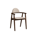 Chair with wooden frame and beige cushion on a white background