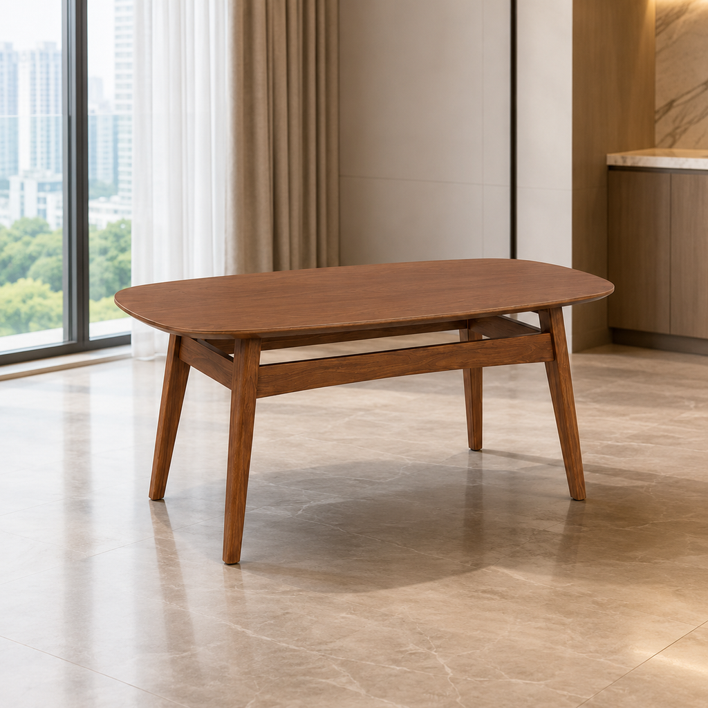 A mid-century modern wooden coffee table with a rounded rectangular top and tapered legs, shown in a bright, contemporary room with a large window and tiled floor.