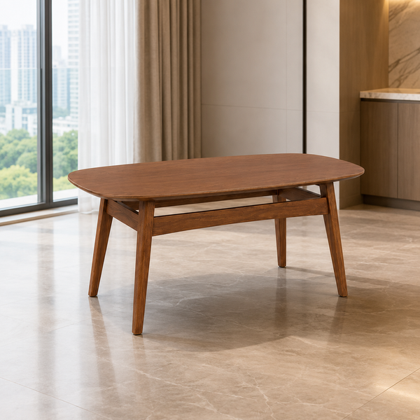 A mid-century modern wooden coffee table with a rounded rectangular top and tapered legs, shown in a bright, contemporary room with a large window and tiled floor.