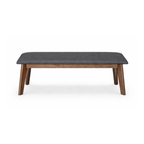 Coffee table with dark gray top and wooden legs on a white background