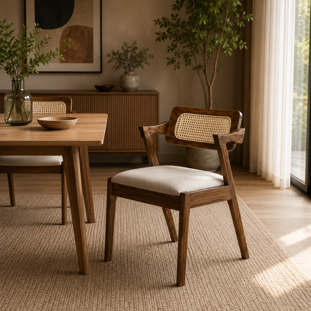 Wooden chair with wicker backrest and cushioned seat in a dining room setting.