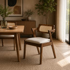 Wooden chair with wicker backrest and cushioned seat in a dining room setting.