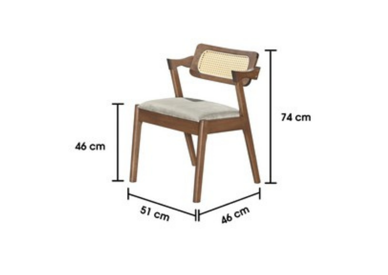 Wooden chair with dimensions labeled on a white background