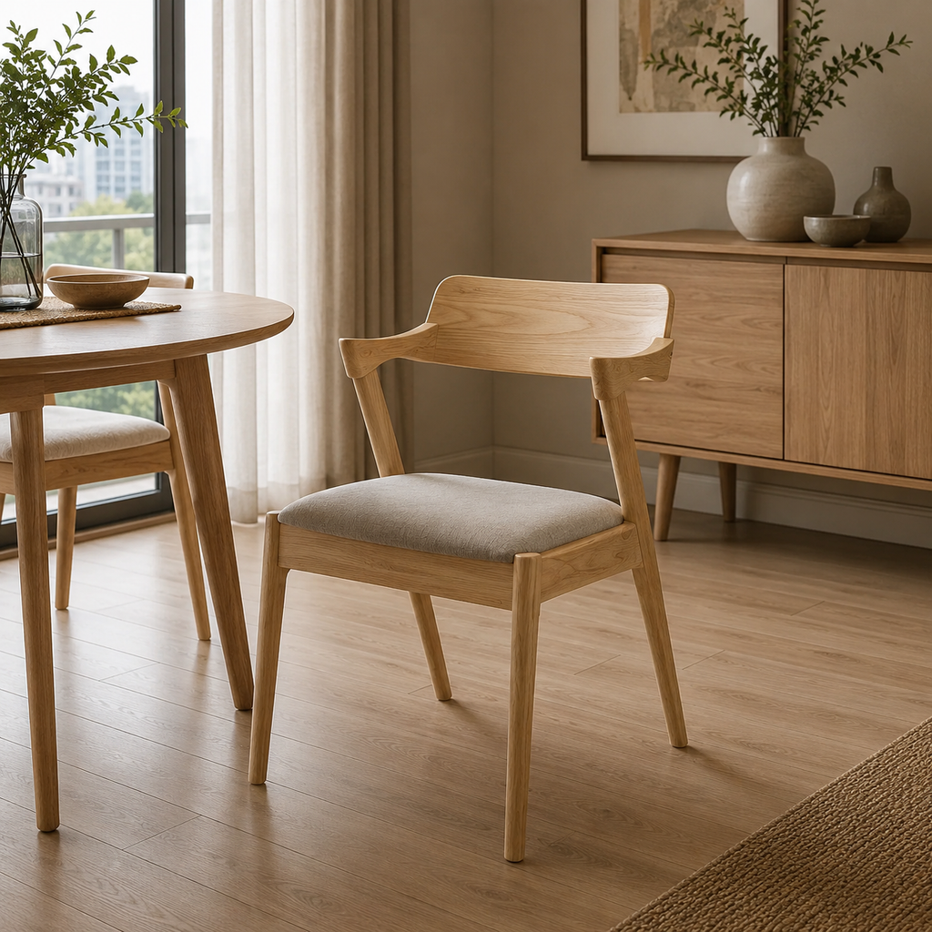 Wooden chair with cushioned seat in a modern dining room setting.