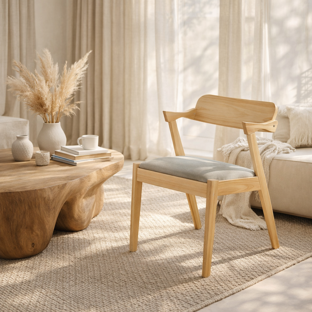 Wooden chair with a cushion in a living room setting with a wooden coffee table and decorative items.