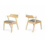 Two wooden chairs with gray cushions on a white background
