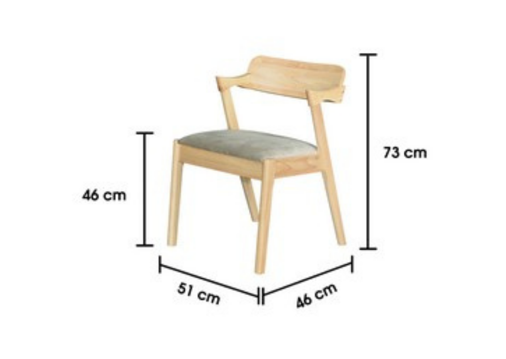 Wooden chair with dimensions labeled on a white background