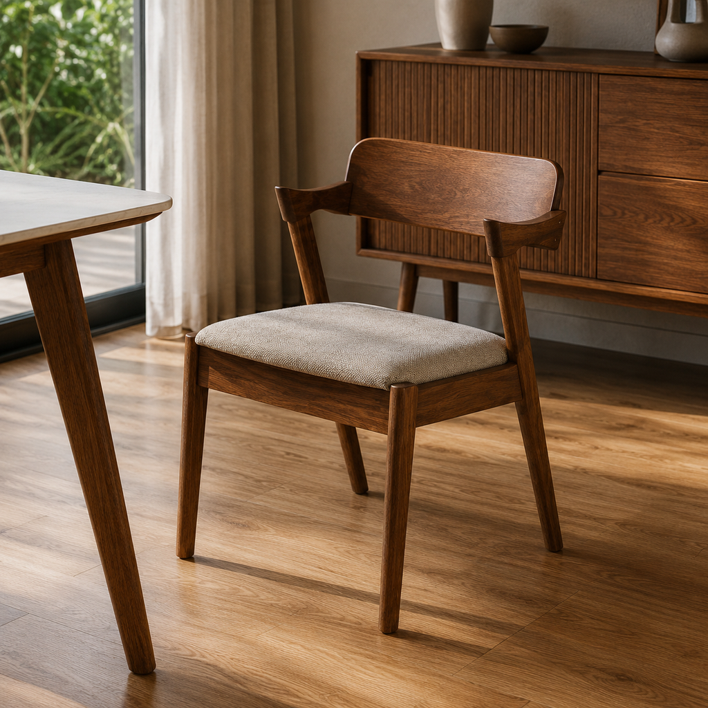 Wooden chair with a cushioned seat in a room with wooden furniture and a window.