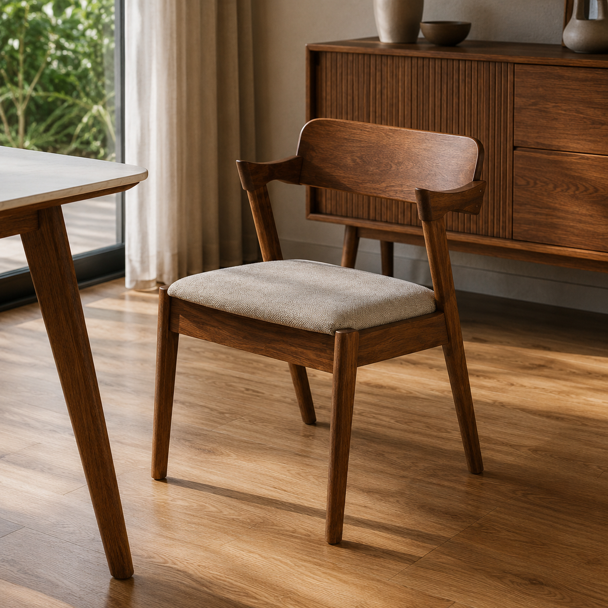 Wooden chair with a cushioned seat in a room with wooden furniture and a window.