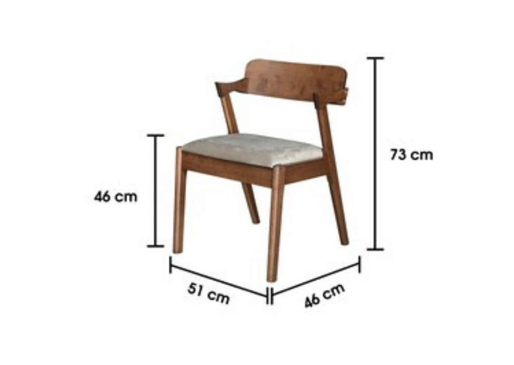 Wooden chair with dimensions labeled on a white background