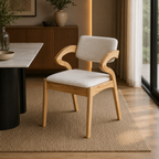 Wooden chair with white cushion in a room with a table and decorative items.
