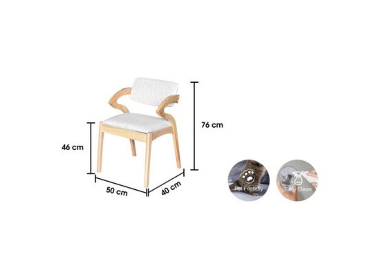 Wooden chair with white cushion, dimensions labeled, and two circular images of the chair.