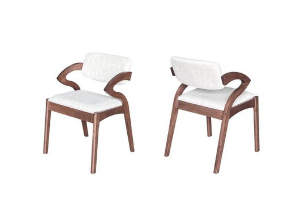 Two wooden chairs with white cushions on a white background