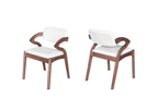 Two wooden chairs with white cushions on a white background